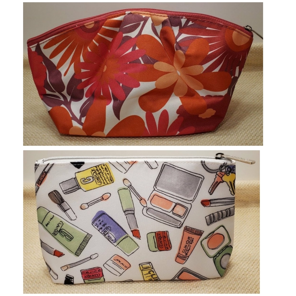 Clinique Cosmetic bag white and pink floral.